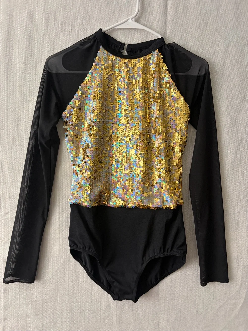 Weissman Gold Sequin Black Mesh Long Sleeve Leotard Size MA Excellent (A642) - Picture 2 of 11